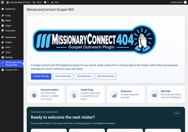 The plugin's main WordPress admin screen with the MissionaryConnect 404 logo, preview buttons, status cards for outreach, Gospel page, responses and mail, and a setup checklist.