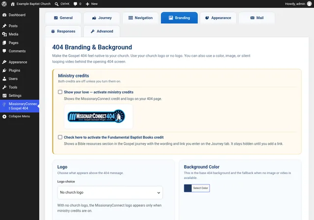 The Branding tab showing the Ministry credits box with both credit checkboxes unticked, and Logo and Background Color settings.